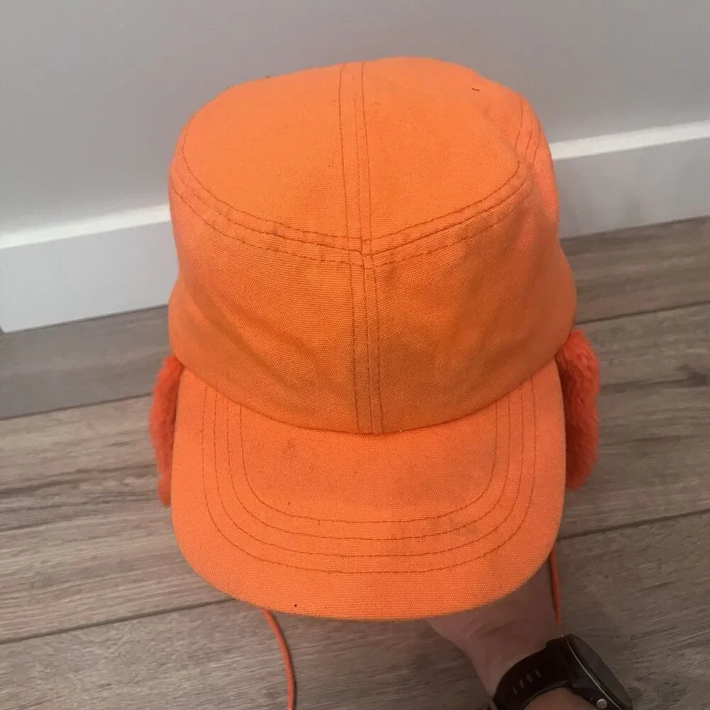 Vintage Whitewater Outdoors Orange Hunting Hat Trapper Cap Ear Flaps USA Made